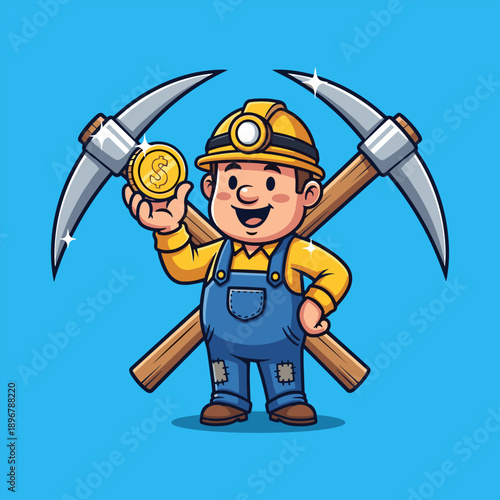Smiling cartoon miner holding bitcoin coin with pickaxes wearing safety helmet and overalls on blue background symbolizing cryptocurrency mining and wealth
