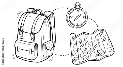 Adventure backpack map and compass illustration.