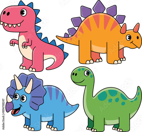 Adorable Cartoon Dinosaur Character Set Featuring Colorful Tyrannosaurus Rex Triceratops Stegosaurus and Brachiosaurus in Hand Drawn Flat Vector Style for Kids Educational Material and Decor