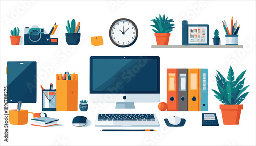 vector Modern Office Workspace with Computer and Accessories