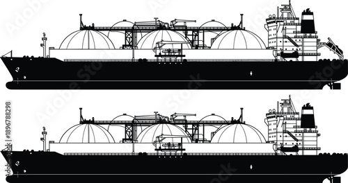 Black silhouette vector illustration of a large LNG tanker ship carrying liquefied natural gas for industrial maritime transport energy global shipping and logistics.