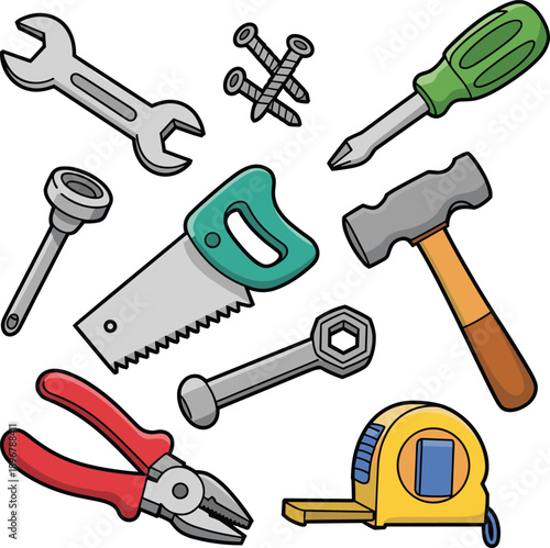 Comprehensive Hand Tool Set Featuring Hammer Saw Wrench Screwdriver Pliers Tape Measure and Screws in Colorful Cartoon Illustration Style for Repair and DIY Home Improvement