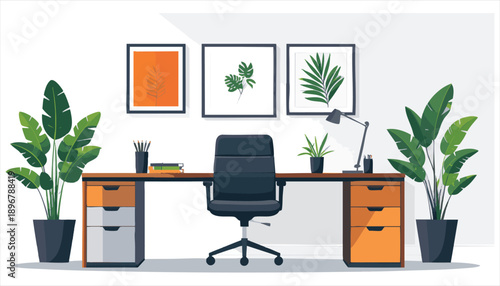 vector Modern Office Workspace with Desk and Plants