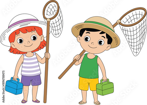 Cute Cartoon Boy and Girl Wearing Sun Hats and Holding Butterfly Nets and Bug Boxes for Summer Nature Exploration and Outdoor Science Education Activities