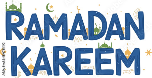 Ramadan Kareem Playful Typography Design with Cute Mosque Illustrations and Crescent Moon Elements