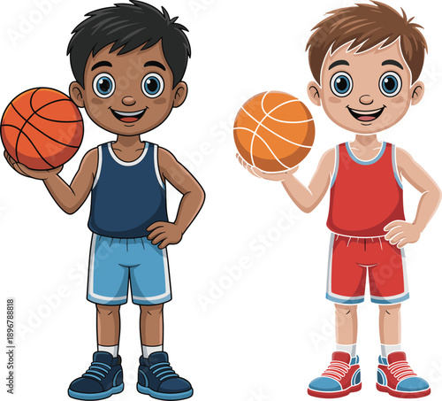 Two Cute Cartoon Diverse Boys Playing Basketball Wearing Athletic Uniforms and Sneakers Holding Orange Balls for Youth Sports Physical Education and Teamwork Illustration