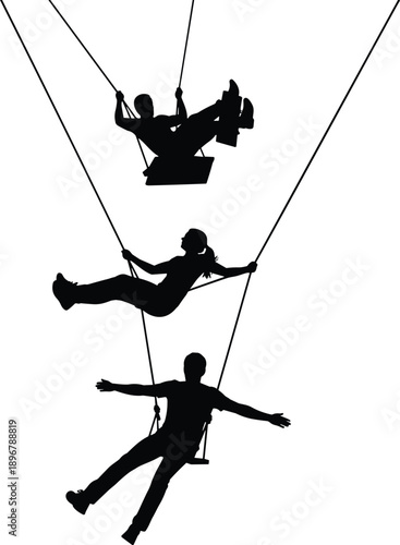 Vector black silhouette of people swinging on high rope swings isolated on white background for fun park, summer outdoor activity, and extreme recreation design