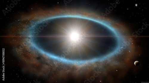 Abstract Nebula Galaxy Formation with Blue Ring and Bright Center Star in Outer Space