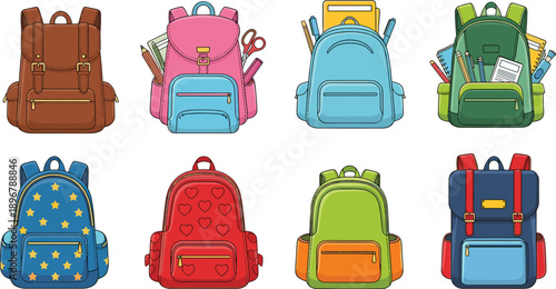 Vector cartoon set of colorful school backpacks and rucksacks with school supplies and stationery items isolated on white background for back to school design