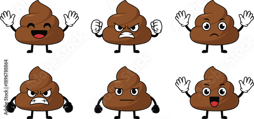 Vector set of cute poop emoji cartoon characters with different facial expressions and emotions isolated on white background for funny stickers and social media (25 words)