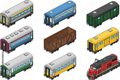 Vector isometric set of various colorful train cars, passenger wagons, freight containers, and a red locomotive engine isolated on white background for transport design