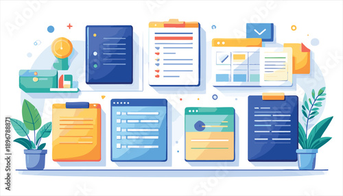 vector Office Supplies and Stationery on Desk