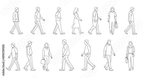 diverse outline pedestrians walking illustrating urban movement and flow for architectural visualization urban planning and infographics.