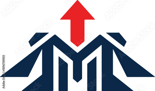 Abstract capital letter m logo with red upward arrow on top on transparent background for business marketing concept