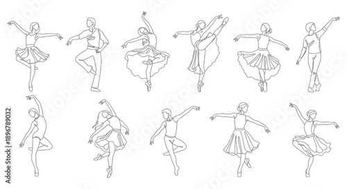 line art collection of elegant ballet and contemporary dancers in graceful poses perfect for dance studio branding and artistic cultural designs.