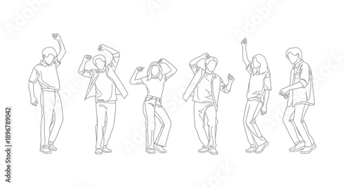 line art of diverse young people dancing joyfully on a white background capturing youth energy and modern celebration designs.