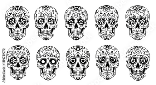 black and white sugar skulls floral and heart designs on white celebrating dia de los muertos and mexican culture.