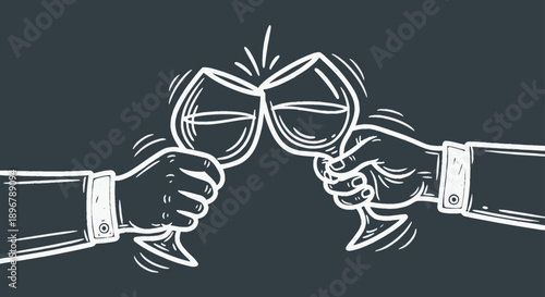 hands toasting wine glasses a classic chalk drawing illustration capturing the joy of celebration friendship and partnership at a happy hour event.