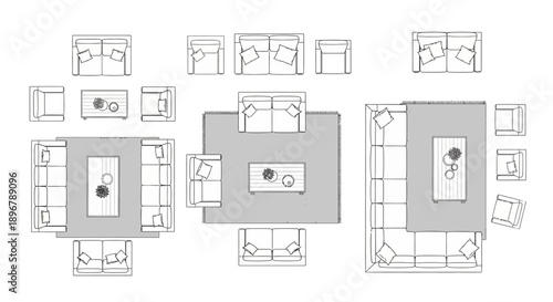 overhead layout for living rooms featuring sofas chairs coffee tables and rugs ideal for interior design and spatial planning.