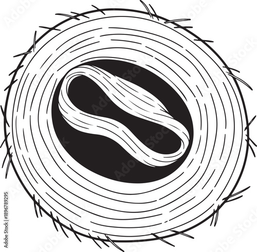 Abstract circular pattern of concentric lines and inner wavy shape with rough outer edge and small vertical strokes