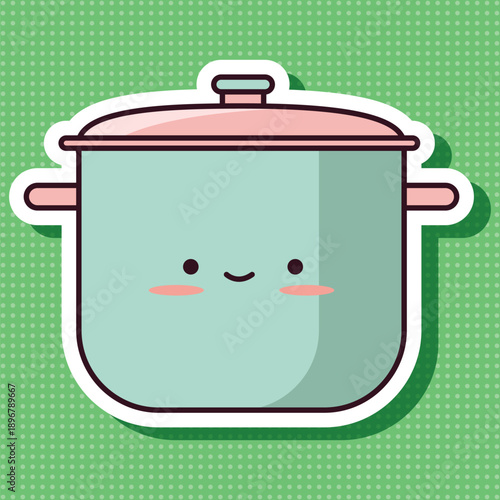 Cute Kawaii Cooking Pot Sticker with Happy Face Vector Art