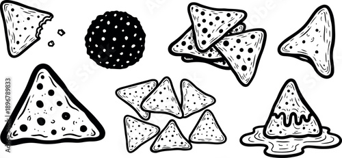 Black and white hand drawn sketch set of nachos tortilla chips various arrangements and one with cheese sauce dripping close up
