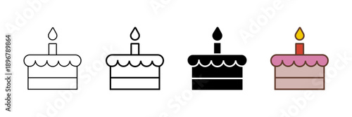 Set of minimalist birthday cake icons with transparent background, depicting dessert symbols for celebrations, parties, anniversaries, and festive events, vector illustration