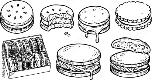Black and white line art illustration of assorted round sandwich cookies with cream filling dripping and bitten pieces in close up arrangement