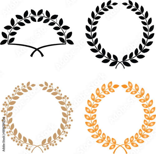 Set of Decorative Laurel Wreaths in Black, Gold, and Orange for Academic Graduation, Corporate Achievement Awards, Sports Championship Crests, and Luxury Anniversary Branding