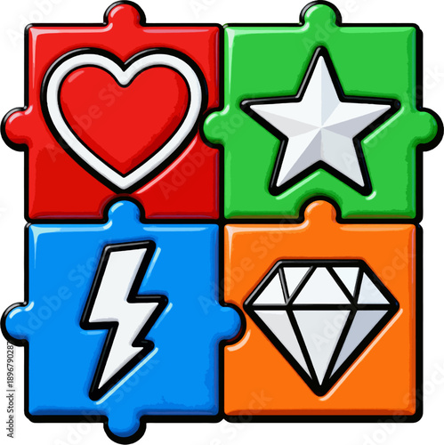 Cartoon Filled Jigsaw Puzzle with Vibrant Heart Star Lightning Diamond Symbols, Color Vector