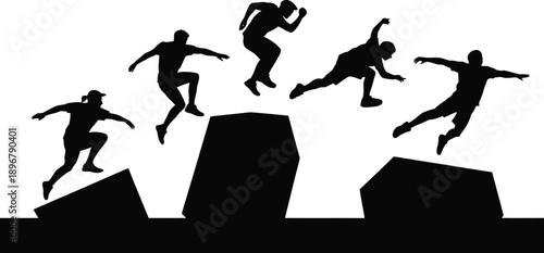 Silhouettes of athletes perform parkour movements, jumping over obstacles across a horizontal line.