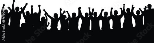 Silhouetted crowd of people with raised arms celebrates victory against a bright white background.