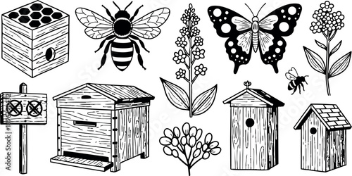 Black and white line art of bee hive boxes flowers bee and butterfly with detailed wood texture and floral elements