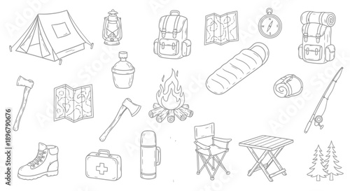Camping and Outdoor Adventure Gear Collection Hand Drawn Sketch.