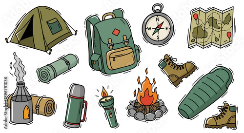 Camping and hiking gear collection illustration.
