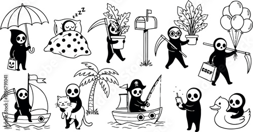 Cute cartoon grim reaper characters holding umbrella sleeping fishing riding cat balloons and rubber duck in black and white line art style