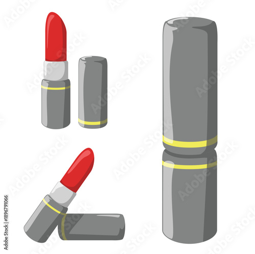 Red lipstick cosmetics set with caps, flat vector illustration.