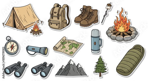 Camping and Hiking Gear Collection Illustration.