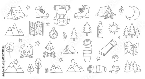Camping and Hiking Gear Doodle Collection.