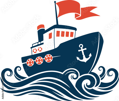 Nautical theme vector illustration with ship floating on ocean waves blue orange colors anchor flag lifebuoy port windows