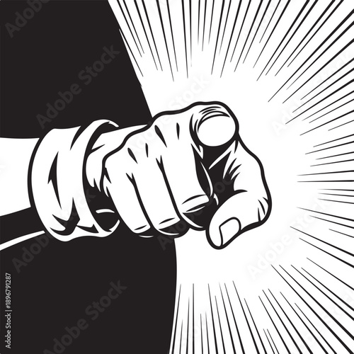 Pointing finger in comic book style with speed lines indicating motion or impact