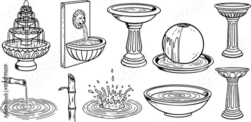 Black and white line art collection of decorative water fountains splash ripples and birdbaths in various classic styles detailed drawing set