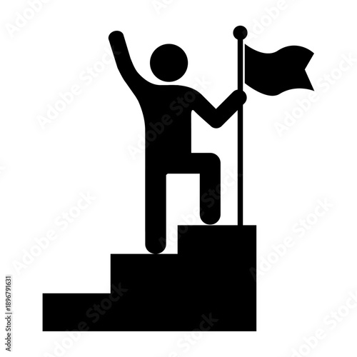 Man with flag stendind on the top of staircase icon vector success and victory concept for graphic design, logo, web site, social media, mobile app, ui illustration