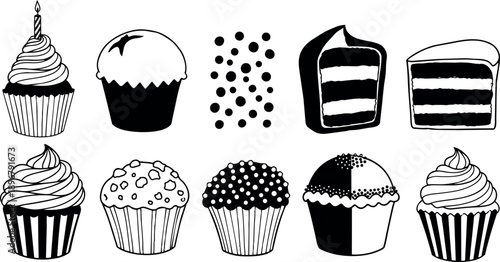Black and white line art collection of cupcakes muffins and layered cake slices with various icing and decoration styles set