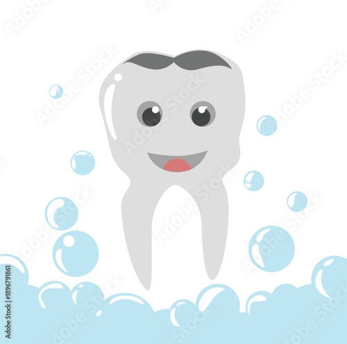 A cute smiling tooth character vector with bubbles, symbolizing dental hygiene, cleanliness, and healthy oral care in a playful flat style.