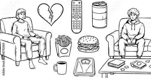 Black and white line art of unhappy young man and woman sitting separately on chairs with junk food remote and broken heart symbols