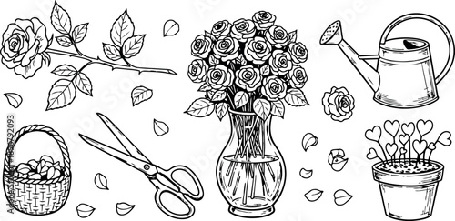 Black and white line art drawing of roses bouquet in vase with scissors and watering can for garden planting and flower care