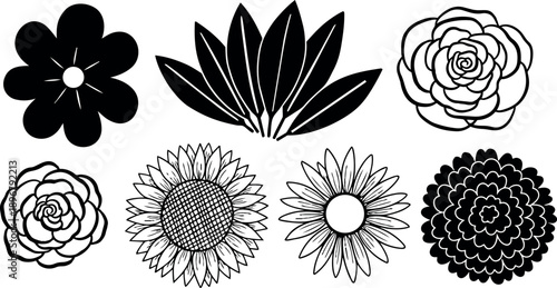 Black and white floral vector set with detailed sunflower camellia leaves and daisy flowers hand drawn collection