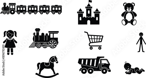 Black and White Vector Icon Set of Childrens Toys and Figures Including Trains Teddy Bear Castle Doll and Rocking Horse