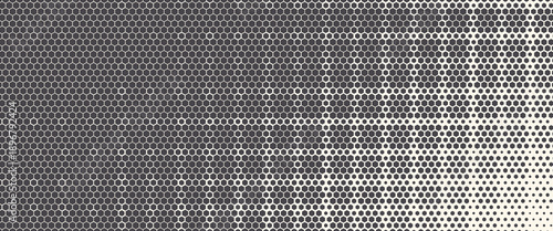 Hexagon halftone gradient texture. Abstract black grunge background. Geometric retro halftone tech wallpaper. Fading wavy hexagonal pattern backdrop. Vector vanishing honeycomb grunge bitmap overlay